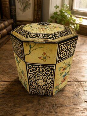 Vintage Octagonal Tin Floral Black Scroll Design Hinged Lid Tea Caddy Container